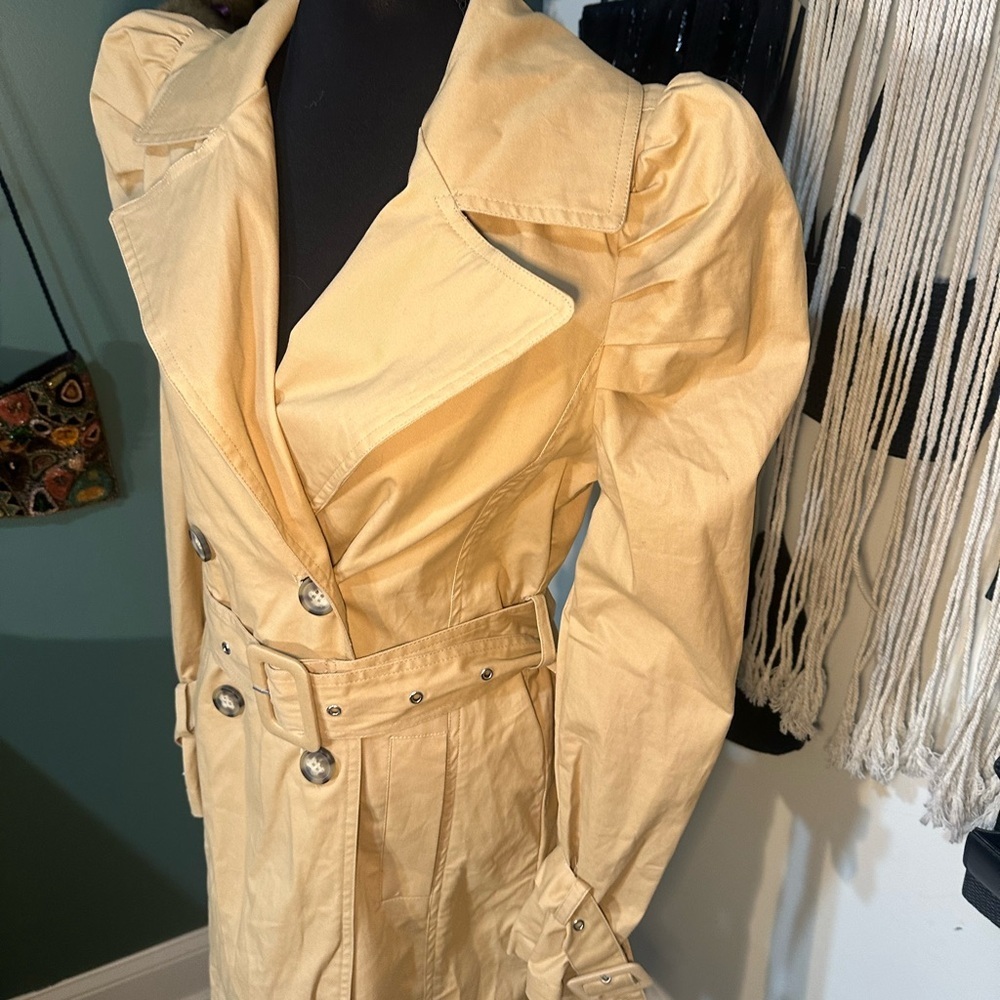 Avec Les Filles Belted Cotton Trench Coat XS Beige Puff Sleeve Double Breasted - Picture 5 of 8